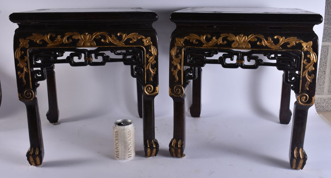 AN UNUSUAL PAIR OF 19TH CENTURY CHINESE HARDWOOD MARBLE INSET STANDS unusually with Chinoiserie lacq (1 of 6)