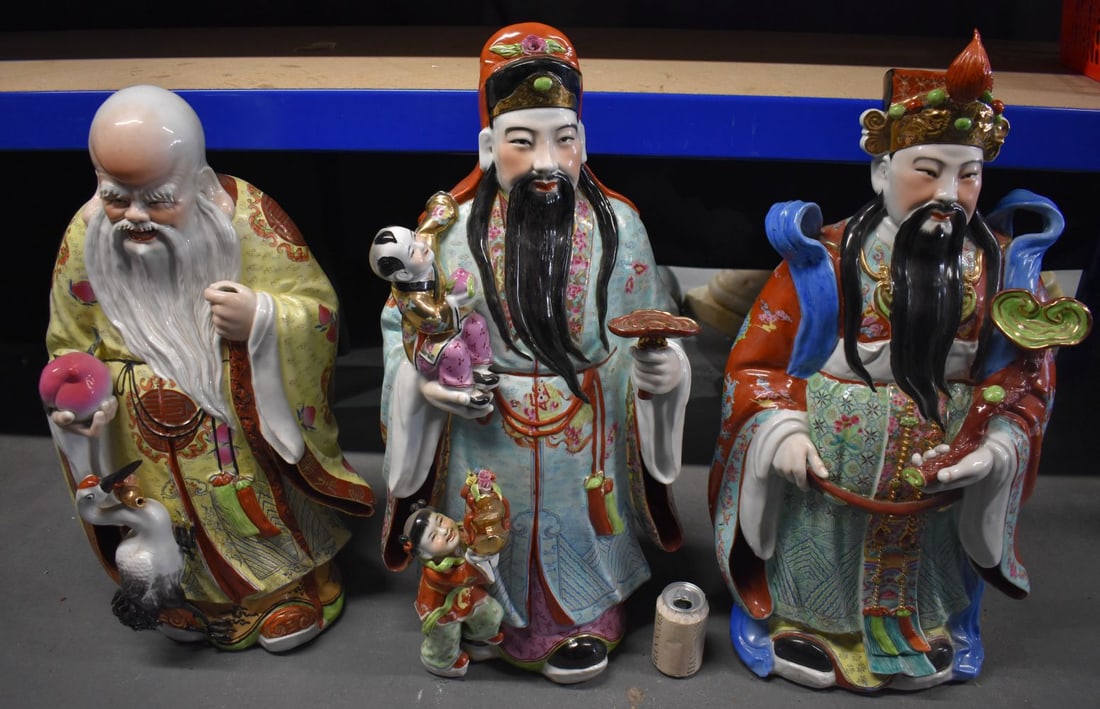 A RARE SET OF THREE CHINESE REPUBLICAN PERIOD FAMILLE ROSE PORCELAIN IMMORTALS. 85 cm high. (3) (1 of 7)