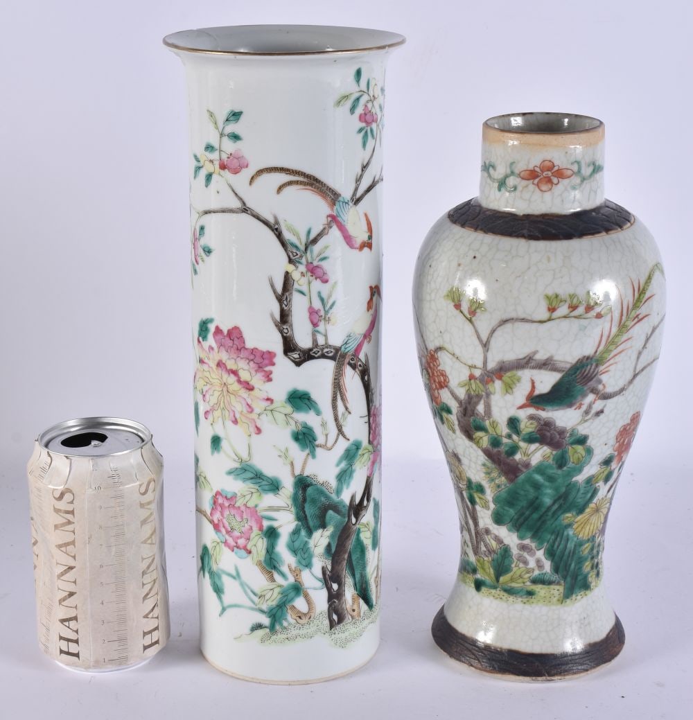 A 19TH CENTURY CHINESE FAMILLE ROSE PORCELAIN VASE bearing Kangxi marks to base, together with a fam (1 of 7)