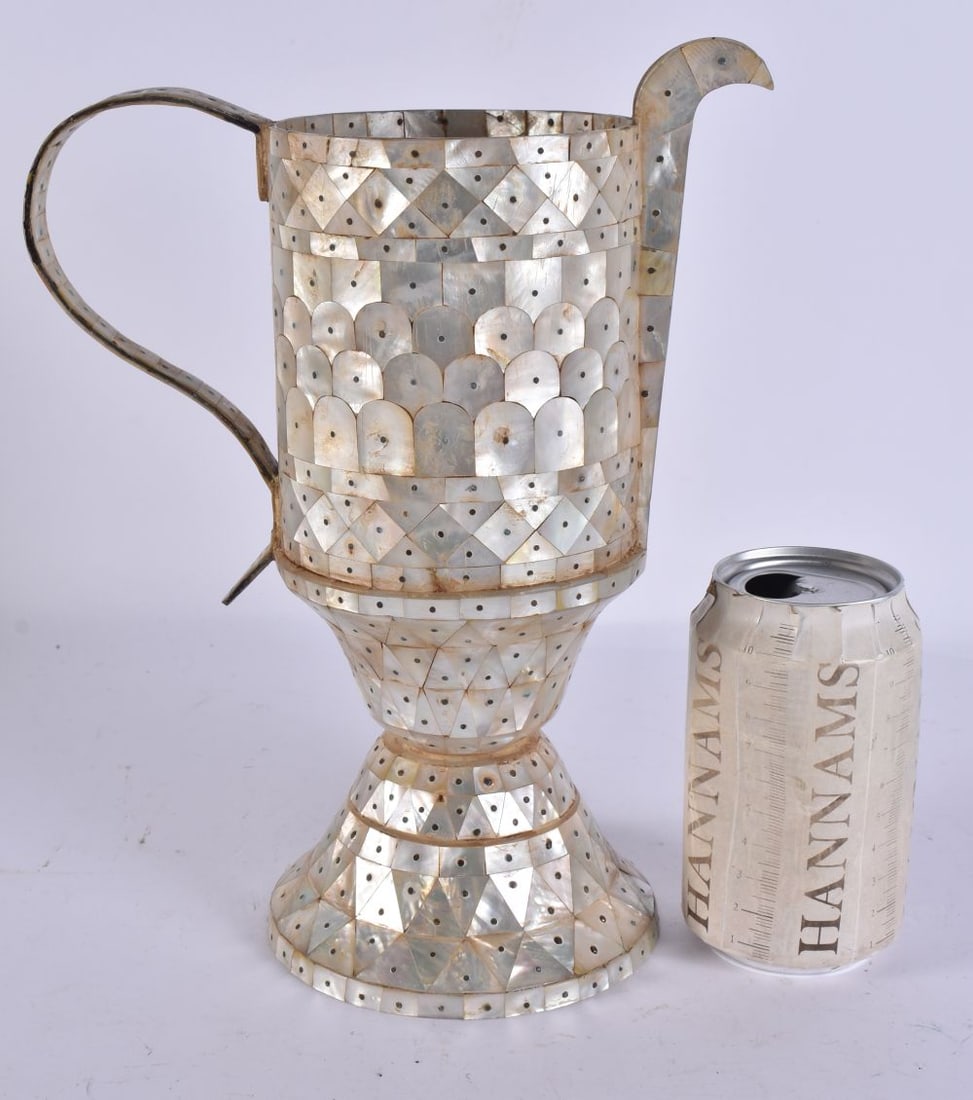 A TURKISH OTTOMAN MOTHER OF PEARL INLAID EWER. 29 cm high.: A TURKISH OTTOMAN MOTHER OF PEARL INLAID EWER. 29 cm high.