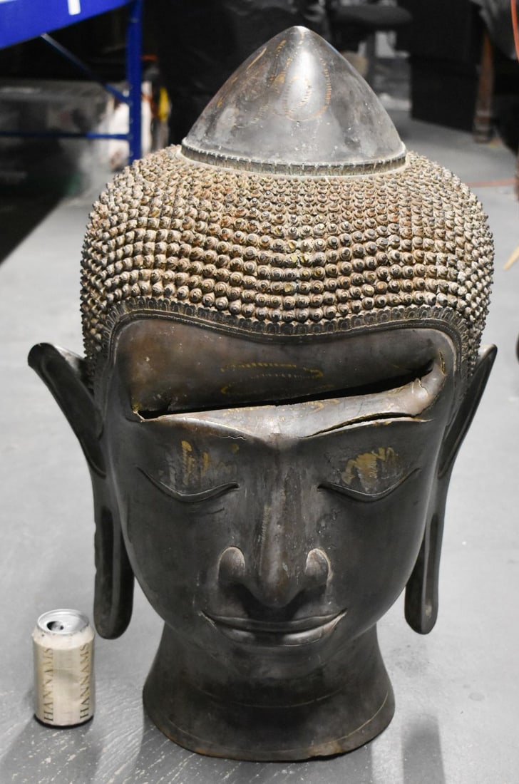 A MONUMENTAL ANTIQUE SOUTH EAST ASIAN THAI BRONZE BUDDHA HEAD. 75 cm x 37 cm x 35 cm. (1 of 6)