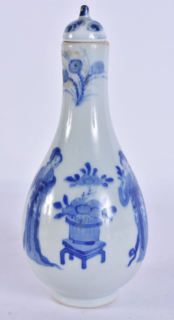 A CHINESE BLUE AND WHITE PORCELAIN VASE AND COVER probably 19th century. 18 cm high. (1 of 5)
