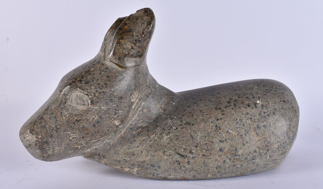 A RARE EARLY CHINESE HAN DYNASTY CARVED STONE FIGURE OF A STYLISED DEER. 27 cm x 17 cm. (1 of 6)