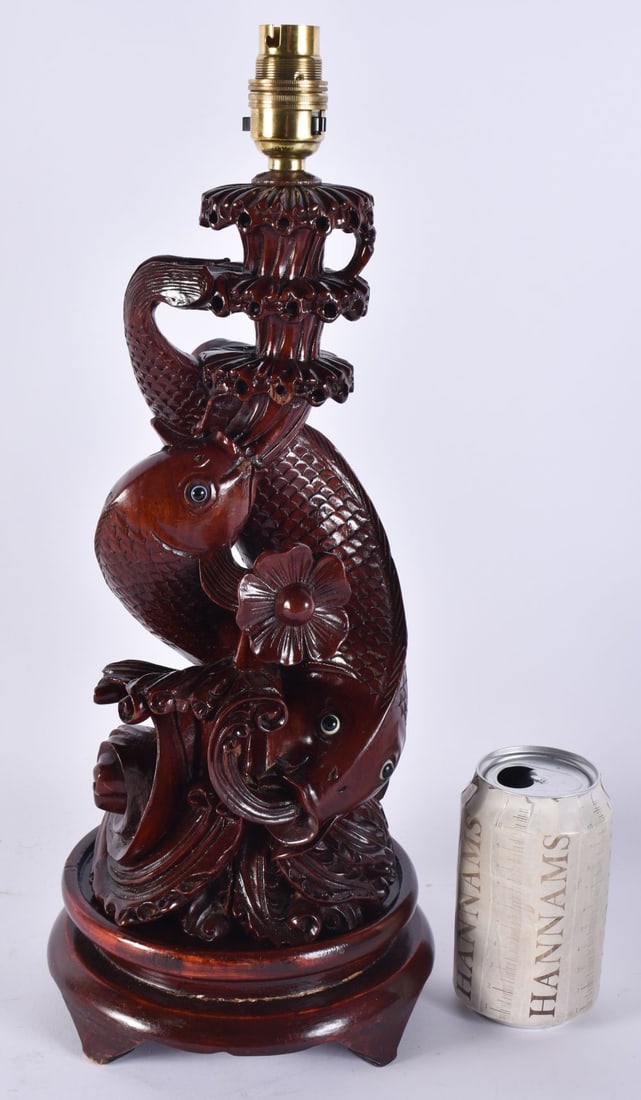 A CHINESE REPUBLICAN PERIOD HARDWOOD FISH LAMP. 38 cm high. (1 of 5)