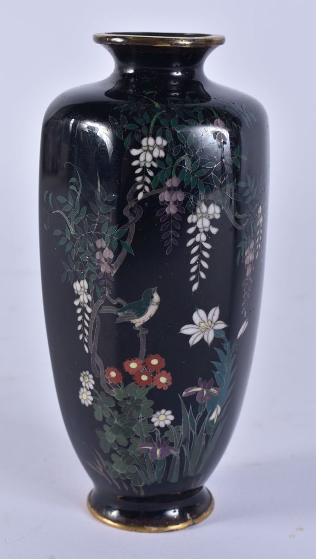 A LATE 19TH CENTURY JAPANESE MEIJI PERIOD CLOISONNE ENAMEL VASE decorated with birds. 12.5 cm high. (1 of 6)