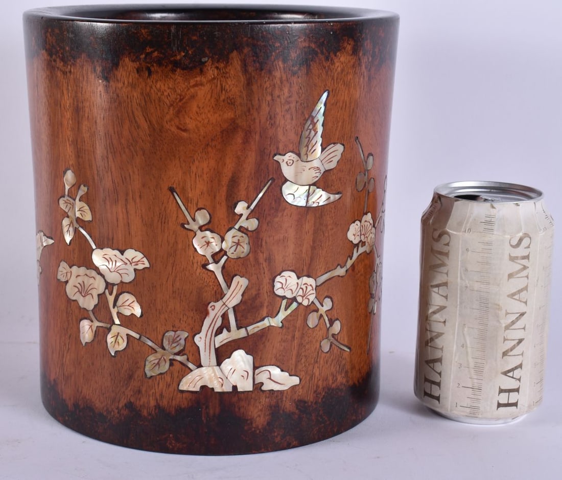 A CHINESE MOTHER OF PEARL INLAID HARDWOOD BRUSH POT. 21 cm x 15 cm. (1 of 5)