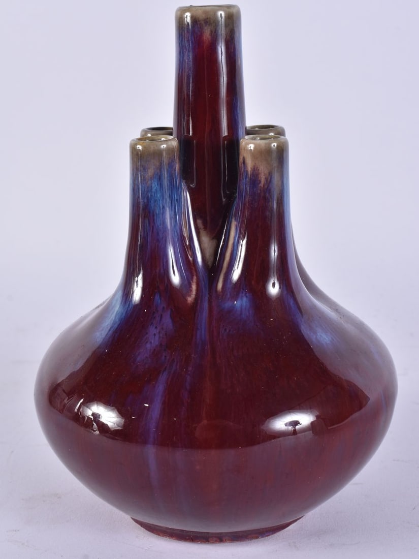 A CHINESE FLAMBE GLAZED PORCELAIN POSY VASE. 18 cm high. (1 of 4)