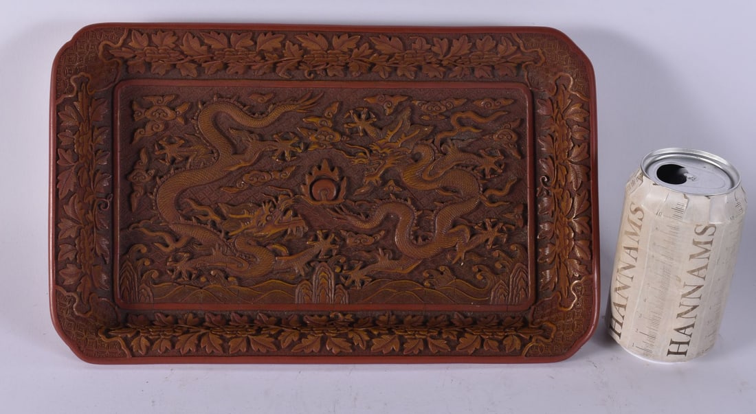 A FINE CHINESE QING DYNASTY CARVED CINNABAR LACQUER DOUBLE DRAGON TRAY bearing Ming marks to base. 3 (1 of 8)