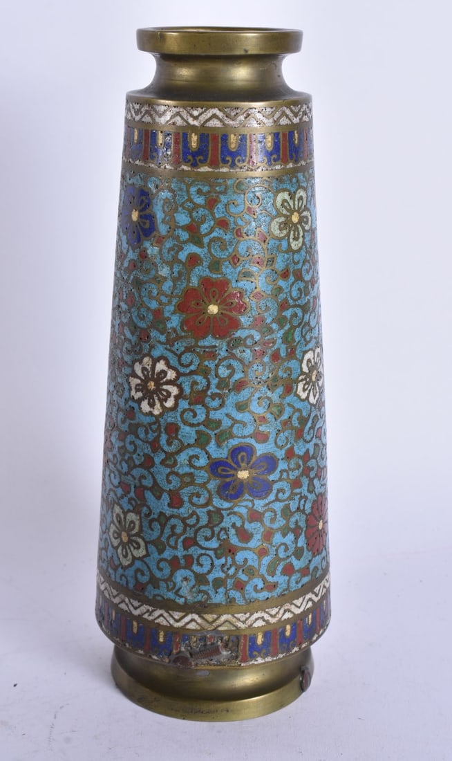 A 19TH CENTURY JAPANESE MEIJI PERIOD CHAMPLEVE ENAMEL VASE. 25 cm high. (1 of 5)