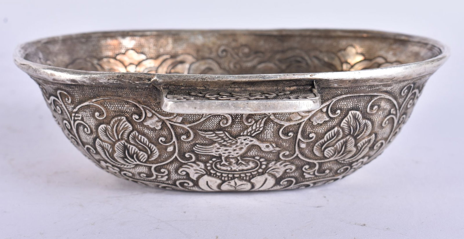 A CHINESE WHITE METAL EAR CUP. 263 grams. 13.25 cm x 13 cm. (1 of 3)