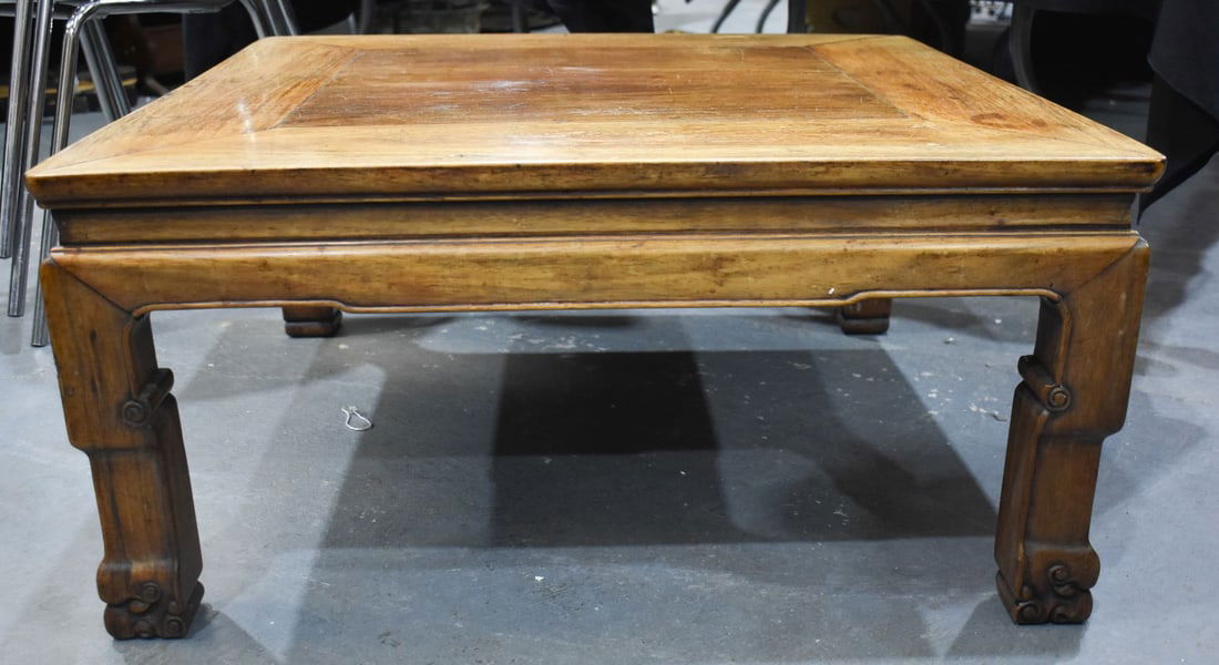 A FINE CHINESE QING DYNASTY CARVED HARDWOOD LOW TABLE with mask head legs, possibly huanghuali. 35 c (1 of 12)