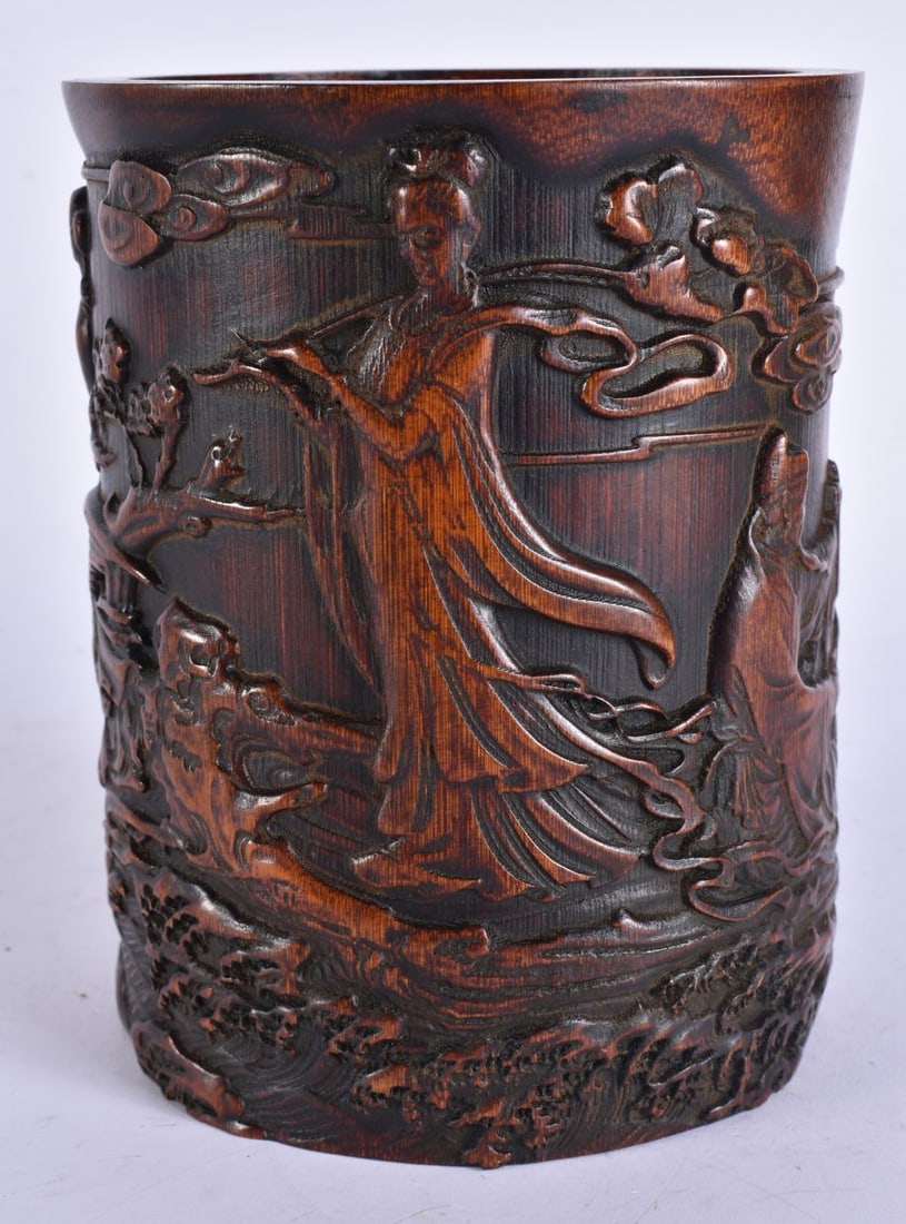 A CHINESE CARVED BAMBOO BRUSH POT. 16.5 cm high. (1 of 5)