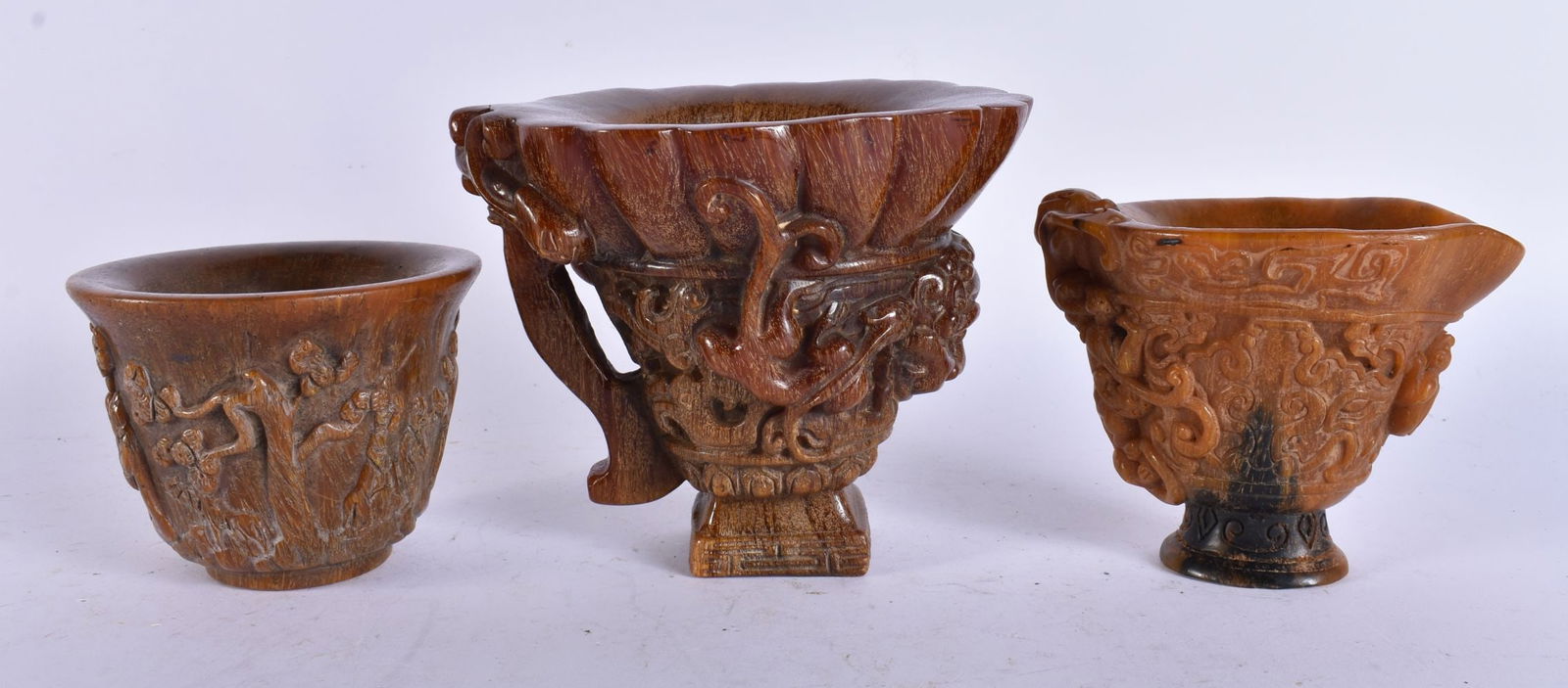 THREE CHINESE BUFFALO HORN TYPE LIBATION CUPS. Largest 15 cm high. (3) (1 of 5)