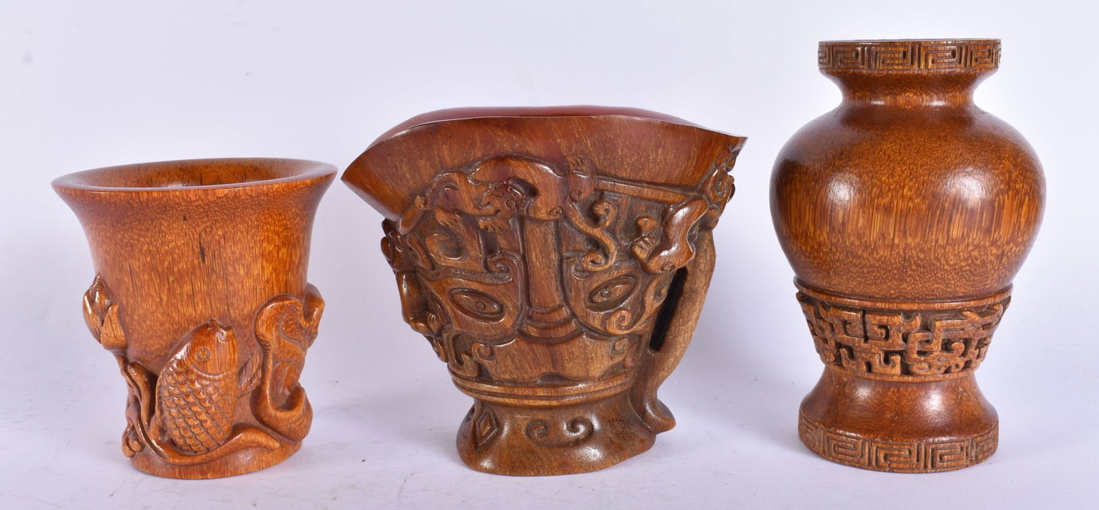 THREE CHINESE BUFFALO HORN TYPE LIBATION CUPS. Largest 15 cm high. (3) (1 of 5)