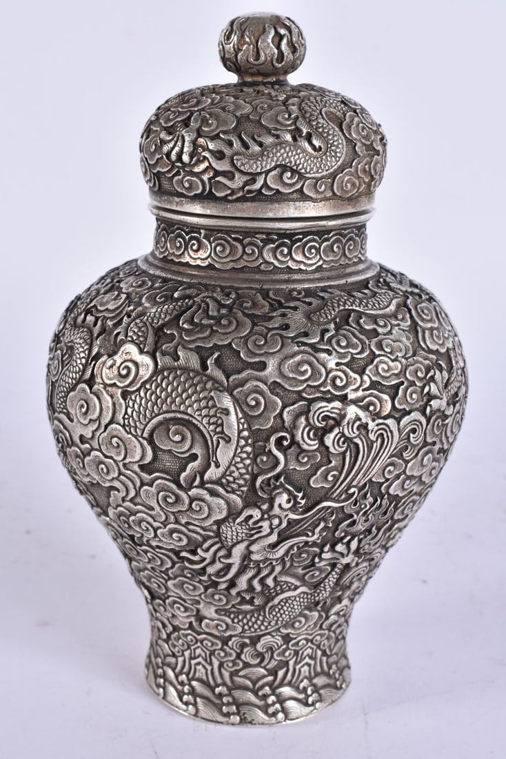 A CHINESE SILVERED BRONZE TEA CANISTER AND COVER. 17 cm high. (1 of 5)