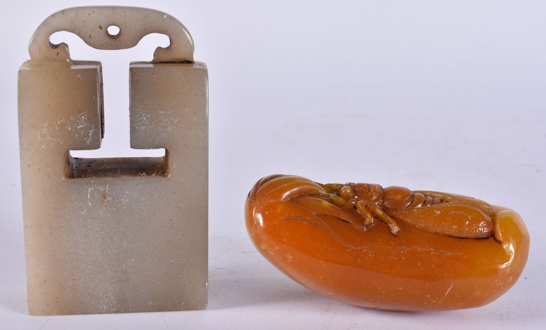 A CHINESE JADE SEAL and a stone boulder. 396 grams. Largest 8.75 cm x 5.25 cm. (2) (1 of 5)