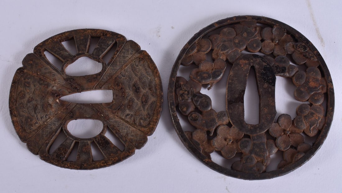 TWO 18TH CENTURY JAPANESE EDO PERIOD IRON TSUBA. 221 grams. 8.5 cm wide. (2) (1 of 4)