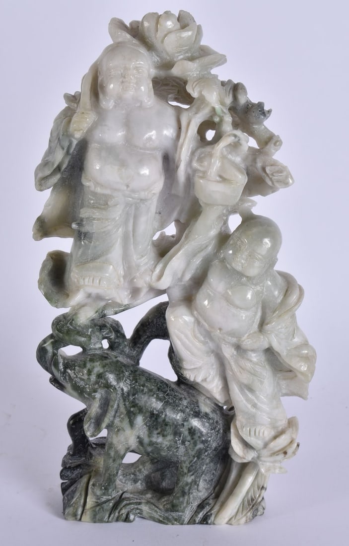 A CHINESE CARVED STONE BUDDHA GROUP. 28 cm high. (1 of 4)