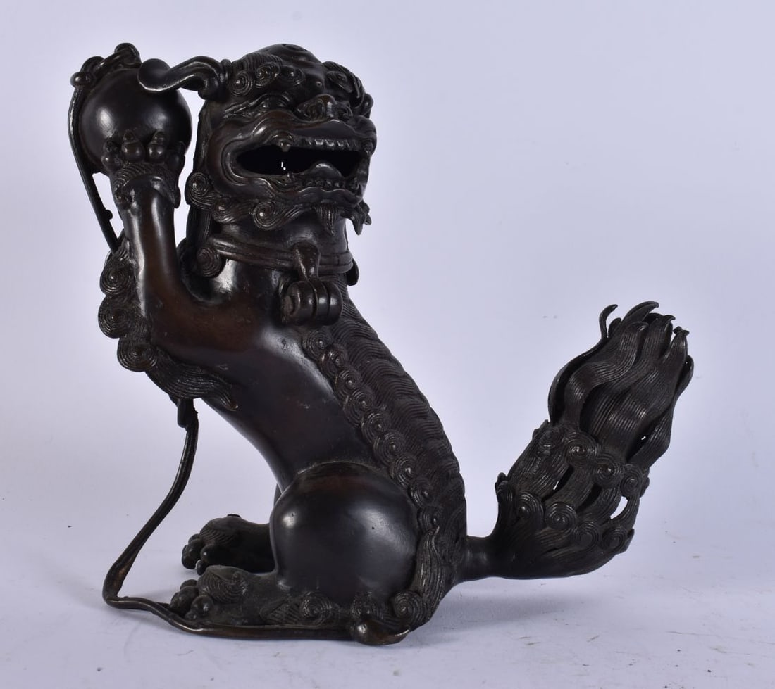 A CHINESE QING DYNASTY BRONZE CENSER AND COVER formed as a dog of foe. 21 cm x 18 cm. (1 of 3)