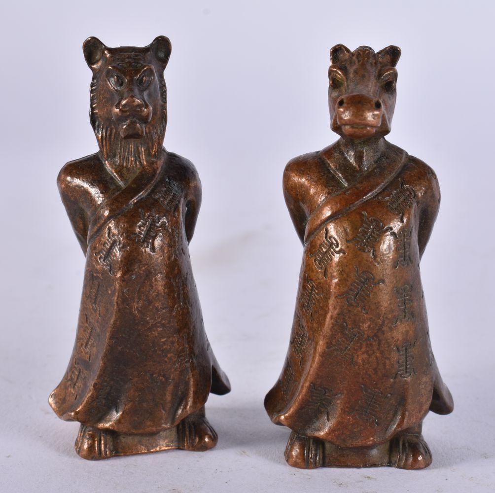 TWO CHINESE BRONZE GODS. 381 grams. 7.25 cm high. (2) (1 of 4)