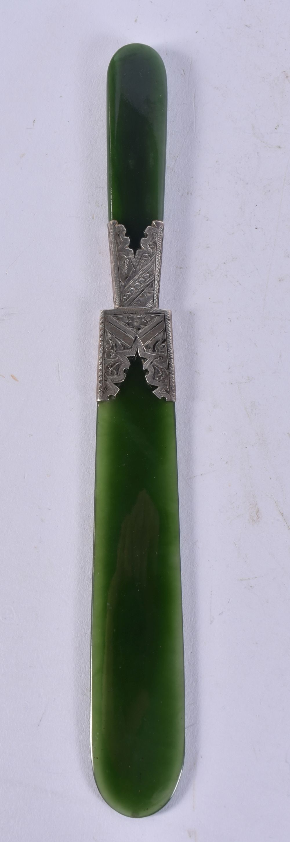 A SILVER MOUNTED JADE LETTER OPENER. 55 grams. 24 cm long. (1 of 3)