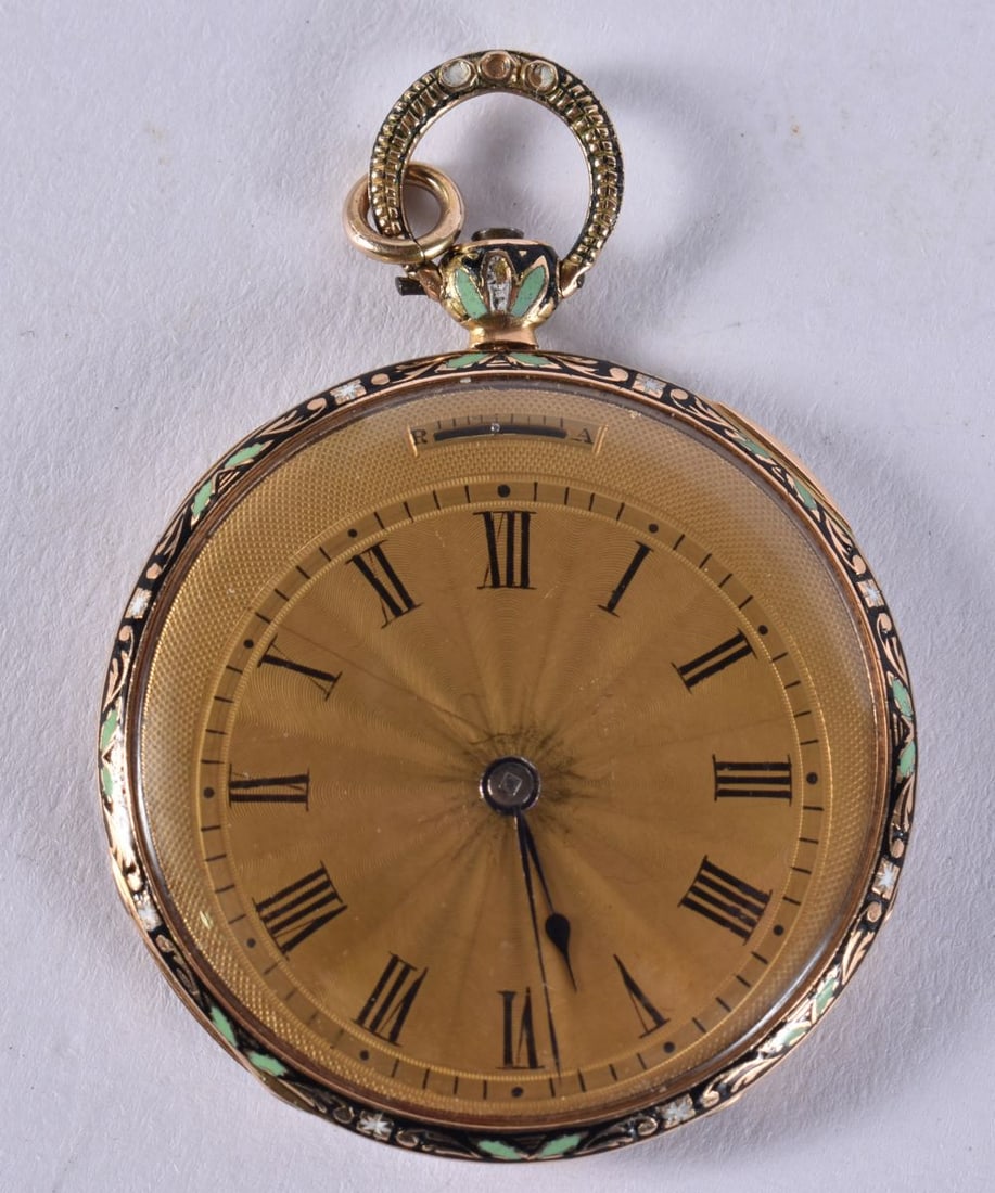 A FINE 18CT GOLD AND ENAMEL POCKET WATCH. 22.3 grams. 3.5 cm wide. (1 of 2)