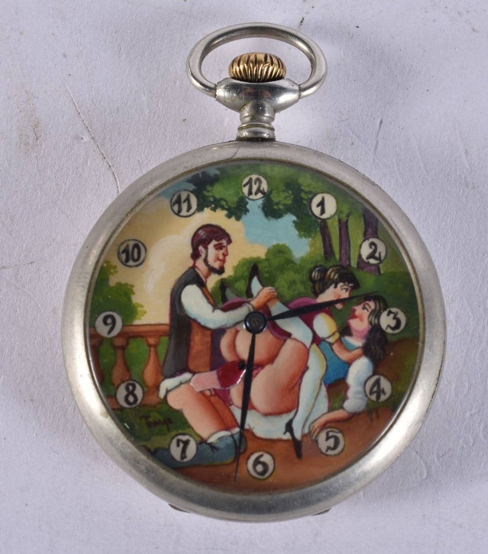 AN EROTIC 'DONNY, DANNY & DESIREE' POCKET WATCH modelled as local gardener Donny accidently slipping (1 of 4)