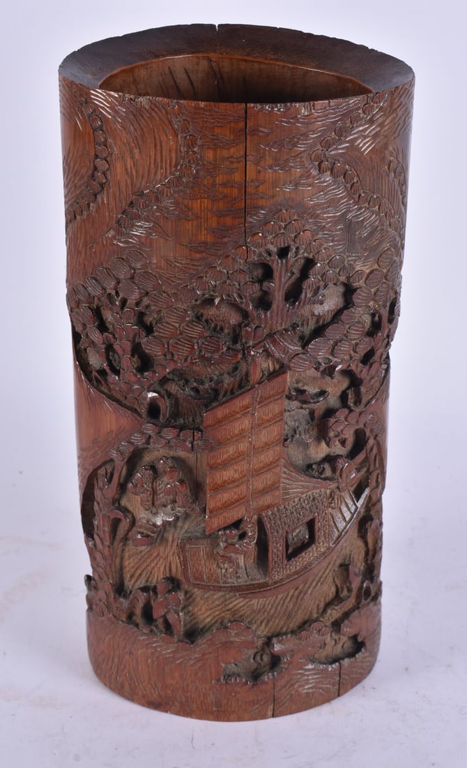 A 19TH CENTURY CHINESE CARVED BAMBOO BRUSH POT Late Qing. 24.5 cm high. (1 of 4)