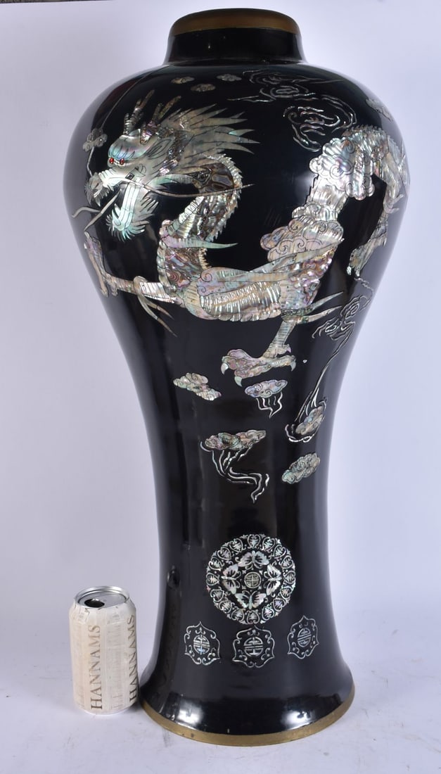 A LARGE KOREAN MOTHER OF PEARL INLAID DRAGON VASE. 67 cm high. (1 of 4)