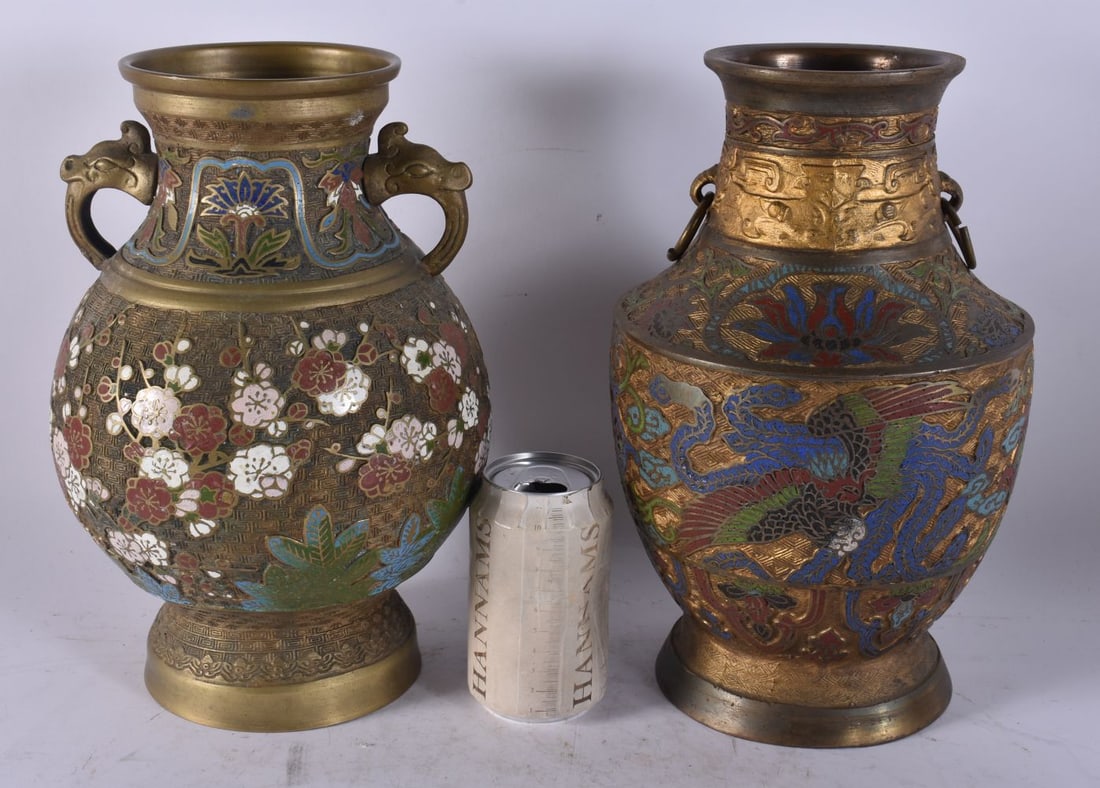 TWO EARLY 20TH CENTURY JAPANESE MEIJI PERIOD CHAMPLEVE ENAMEL BRONZE VASES. 30 cm x 15 cm. (1 of 4)