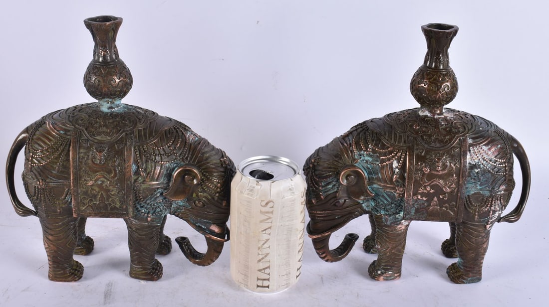 A PAIR OF CHINESE BRONZE ELEPHANT JOSS STICK HOLDERS. 24 cm x 19 cm. (1 of 3)
