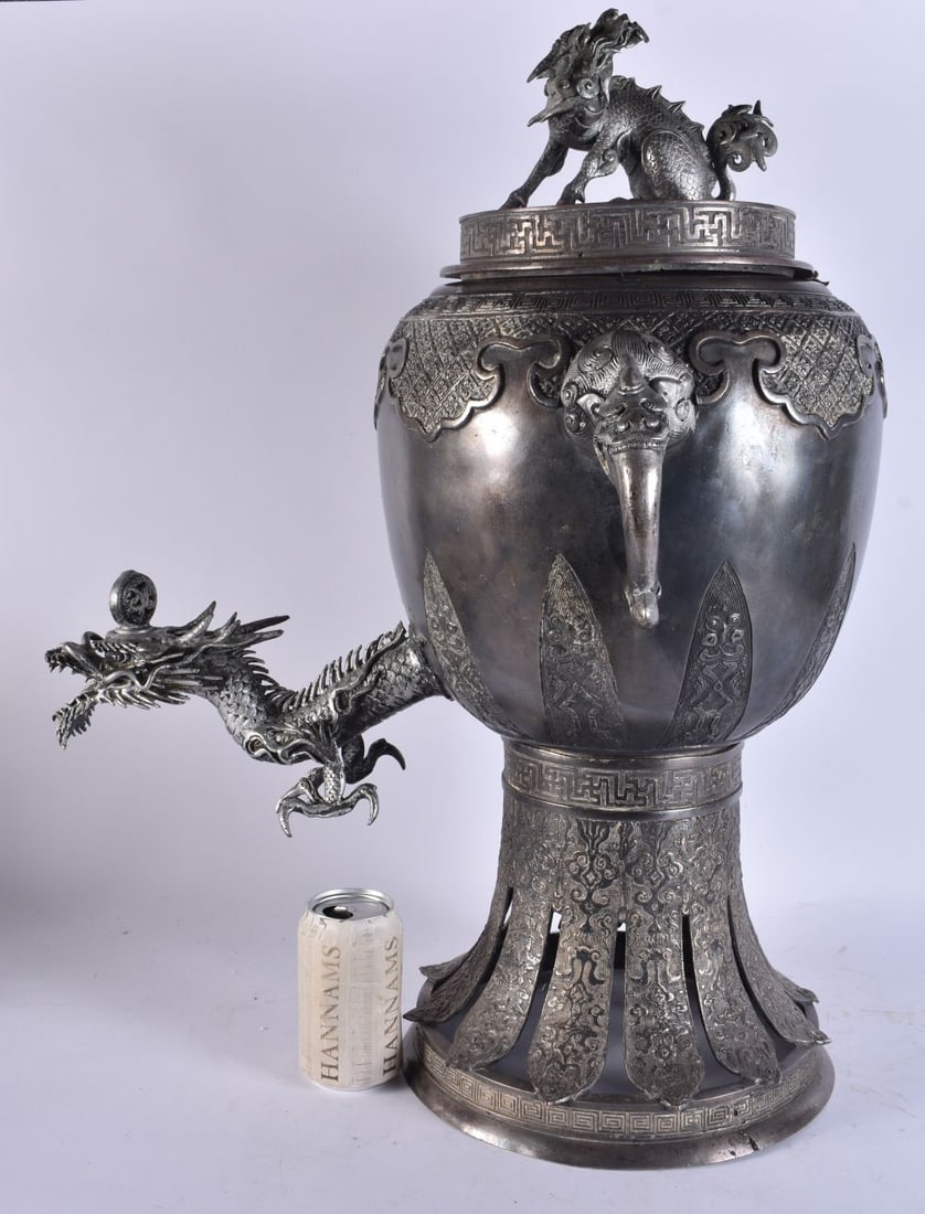 A LARGE EARLY 20TH CENTURY JAPANESE MEIJI PERIOD SILVERED BRONZE SAMOVAR. 68 cm x 24 cm. (1 of 8)