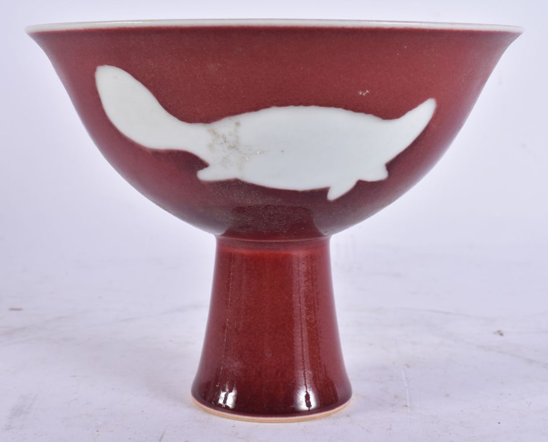 A CHINESE SANG DU BOEUF PORCELAIN STEM CUP. 12 cm x 14 cm. (1 of 5)