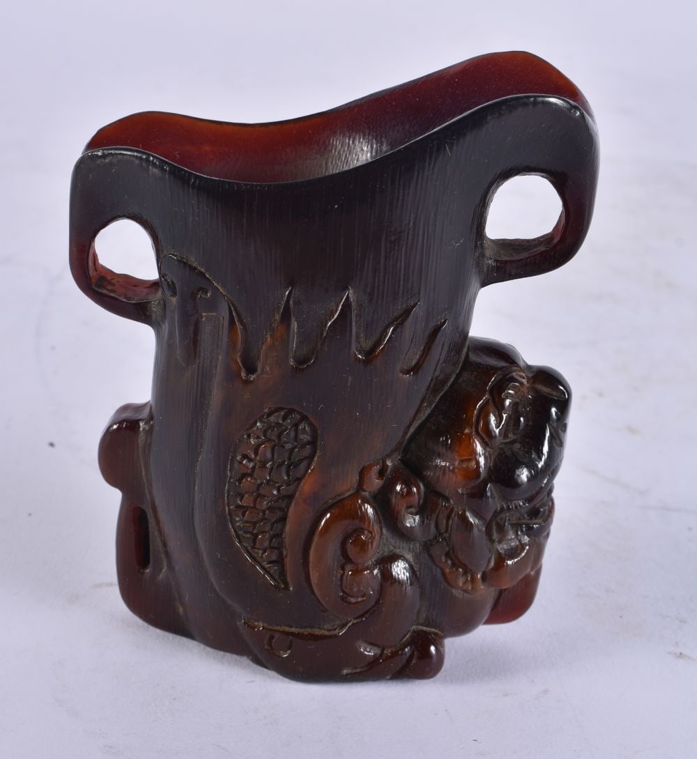 A CHINESE BUFFALO HORN TYPE LIBATION CUP. 12 cm x 8 cm. (1 of 4)