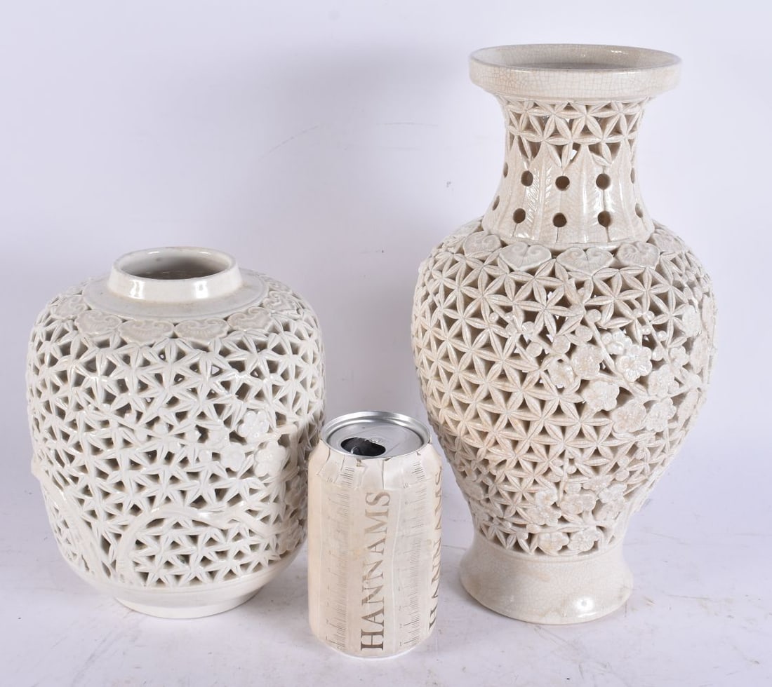 TWO EARLY 20TH CENTURY CHINEE RETICULATED BLANC DE CHINE VASES Late Qing/Republic. Largest 30 cm hig (1 of 3)