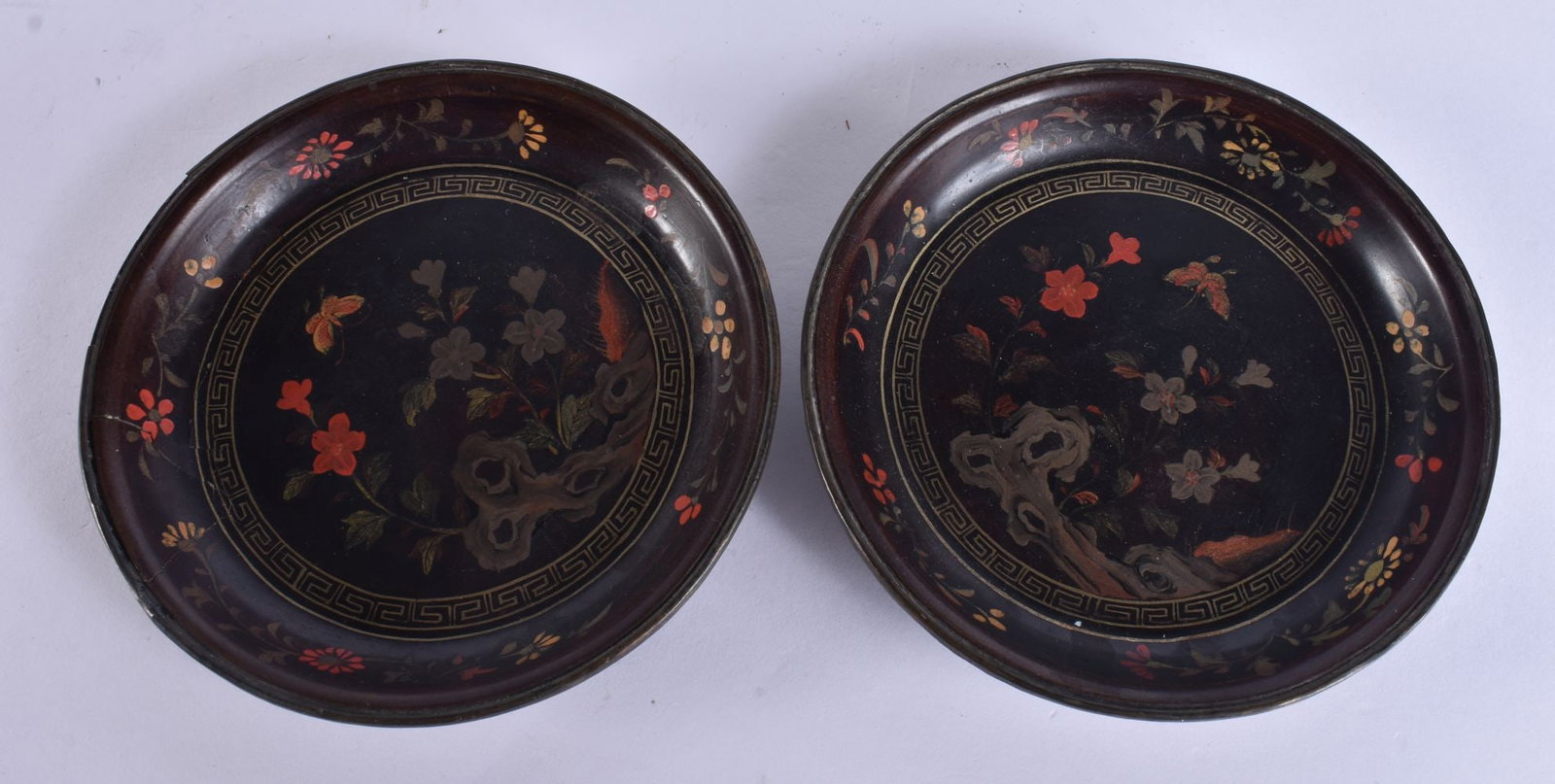 A FINE PAIR OF 17TH CENTURY CHINESE LACQUER CIRCULAR DISHES Kangxi, painted with moths and landscape (1 of 8)