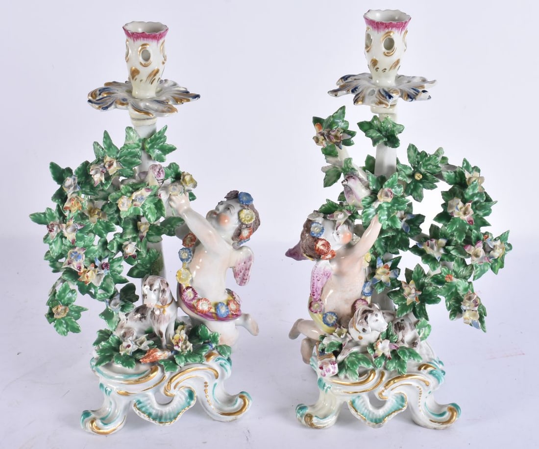 A PAIR OF 18TH CENTURY BOW PORCELAIN BOCAGE CHAMBER STICKS C1765. 27 cm high.: A PAIR OF 18TH CENTURY BOW PORCELAIN BOCAGE CHAMBER STICKS C1765. 27 cm high.
