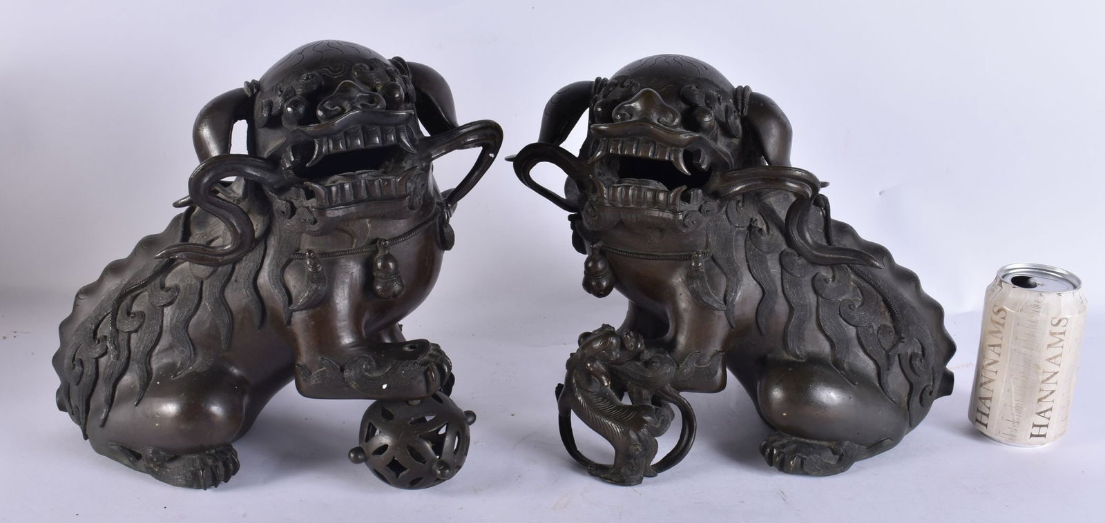 A GOOD LARGE PAIR OF 17TH/18TH CENTURY CHINESE BRONZE INCENSE BURNERS Ming/Qing, formed as dogs of f (1 of 7)