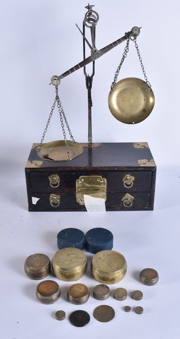 A RARE CHINESE QING DYNASTY ZITAN SET OF CASED BRASS WEIGHING SCALES. Box un assembled 32 cm x 14 cm (1 of 9)