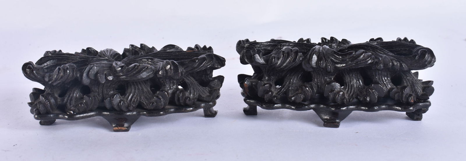 A PAIR OF CHINESE QING DYNASTY CARVED ZITAN WOOD NATURALISTIC STANDS. 9 cm wide. (1 of 7)