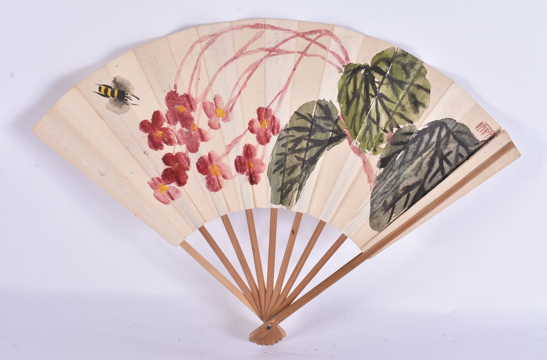 A CHINESE REPUBLIC PERIOD PAINED WATERCOLOUR INK AND BAMBOO FAN. 43 cm wide open. (1 of 6)