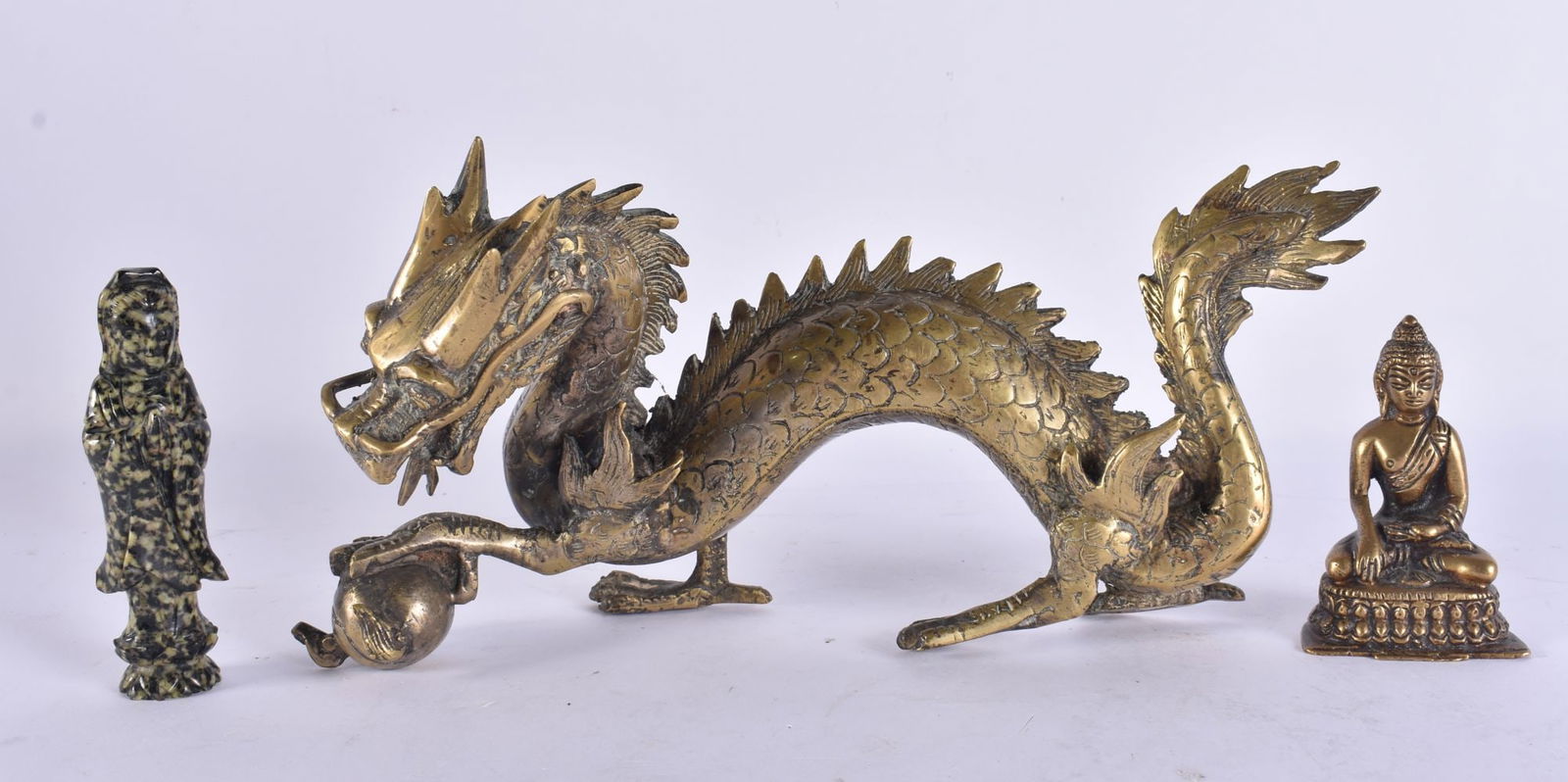 A CHINESE QING DYNASTY BRONZE DRAGON together with a puddingstone buddha and a bronze buddha. 21 cm (1 of 7)