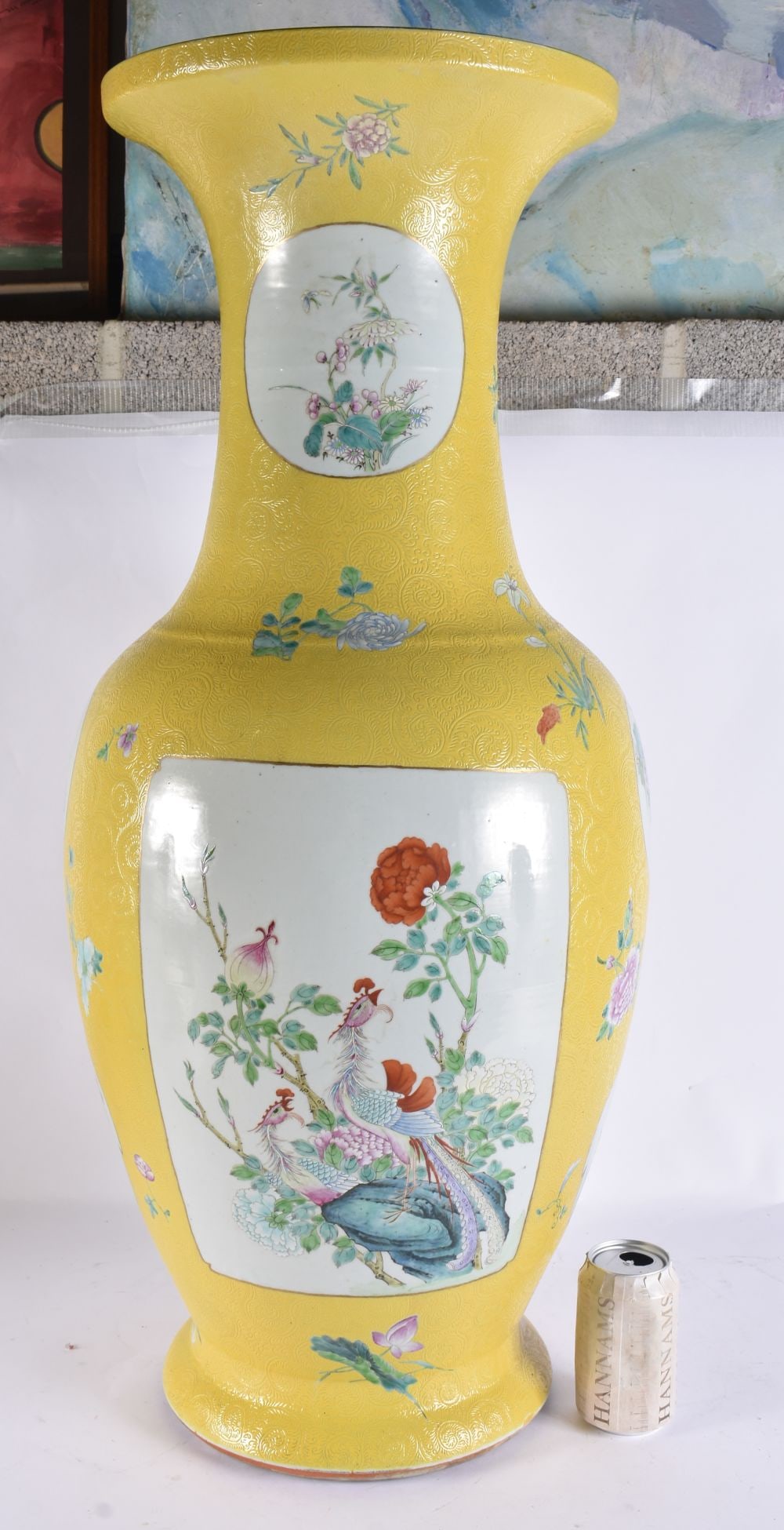 A VERY LARGE 19TH CENTURY CHINESE FAMILLE JAUNE SGRAFFITO PORCELAIN FLOOR VASE bearing Qianlong mark (1 of 9)