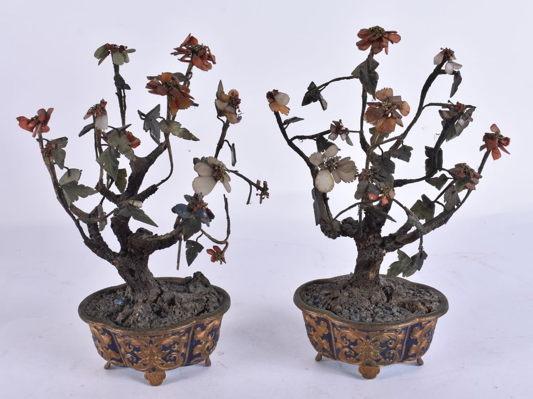 A PAIR OF CHINESE QING DYNASTY ENAMELLED METAL HARDSTONE BONZAI TREES. 27 cm x 12 cm. (1 of 8)