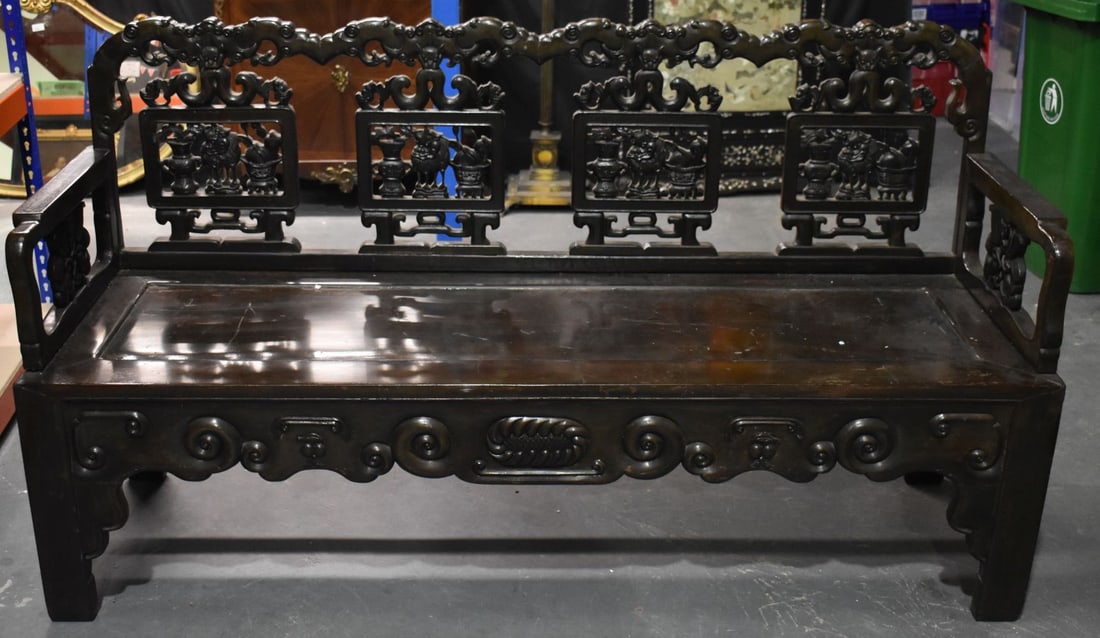 A LARGE 19TH CENTURY CHINESE CARVED HARDWOOD BENCH Late Qing. 175 cm x 100 cm x 48 cm. (1 of 9)