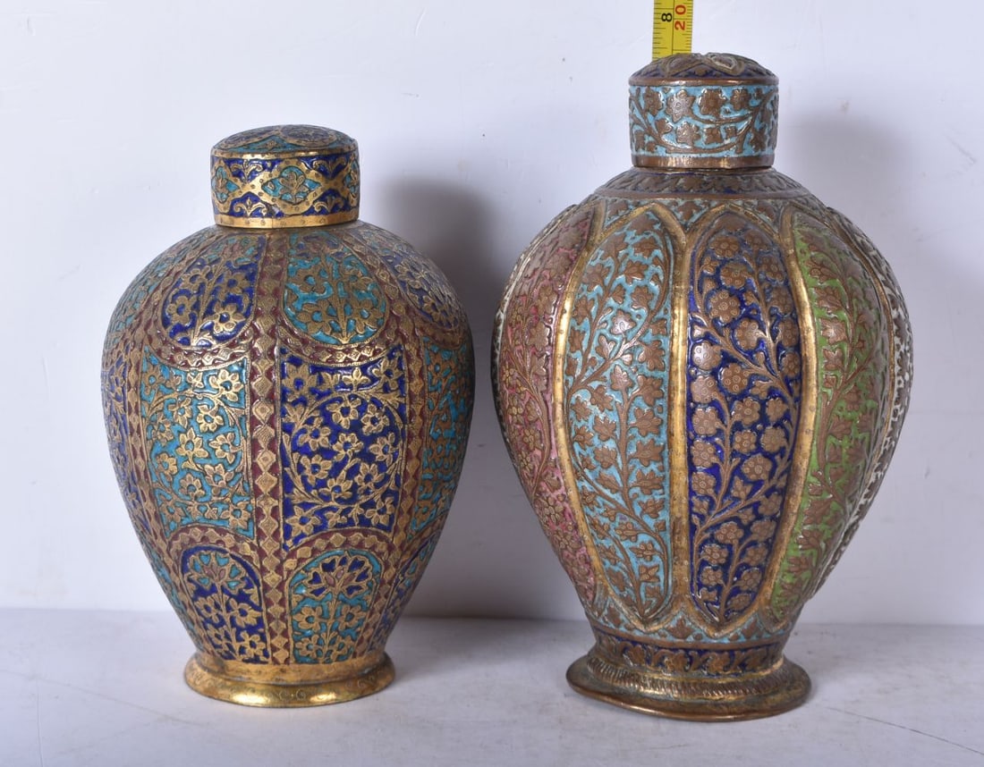 A near pair of Persian gilt metal and enamelled vases decorated with floral pattern 19cm (2) (1 of 3)