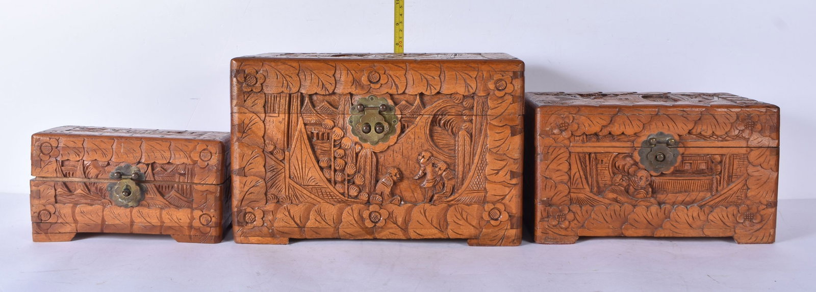 Three carved Chinese camphor wood boxes 20 x 30 x 19cm (3) (1 of 11)