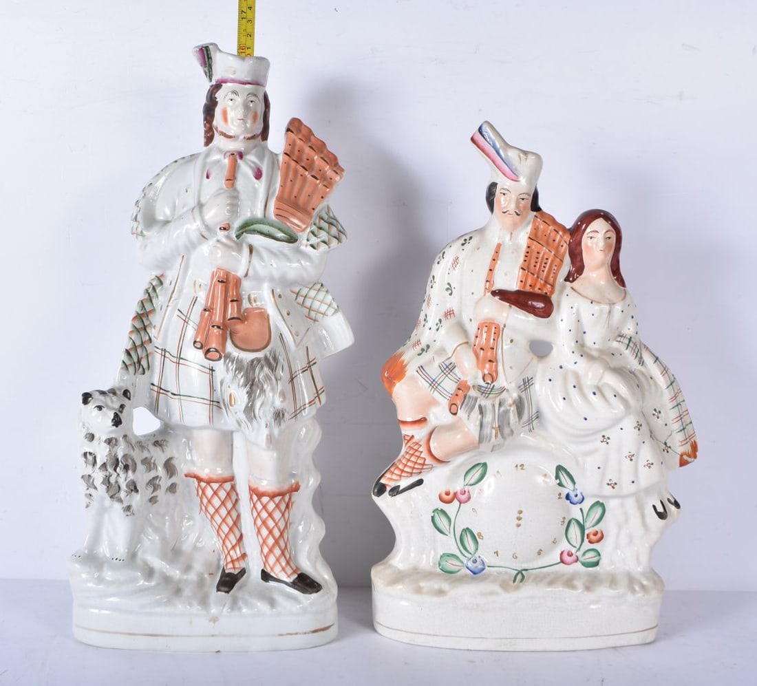 Two 19th Century Staffordshire porcelain flat back figures , a highland bagpipe player and a Scottis (1 of 9)