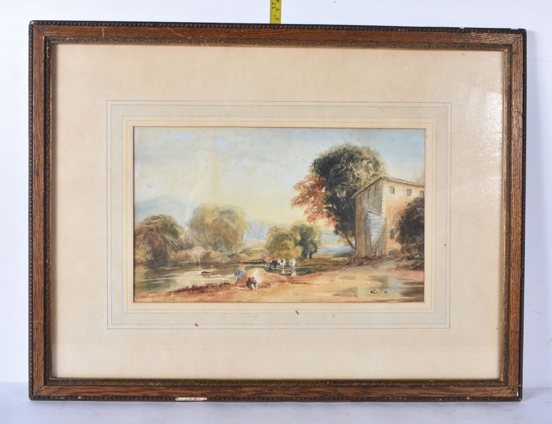 A 19th Century framed watercolour of a rural riverside signed D Cox 19 x 32cm frame 41 x 54cm. (1 of 4)