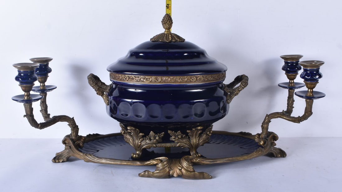 An early 20th Century Cobalt blue porcelain centrepiece Tureen with stand 30 x 60 x 27cm (1 of 8)
